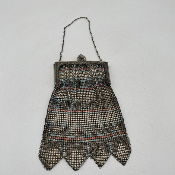 1920's Antique Metal Mesh Dresden Flapper Purse Art Deco Orange Blue Vintage Bag